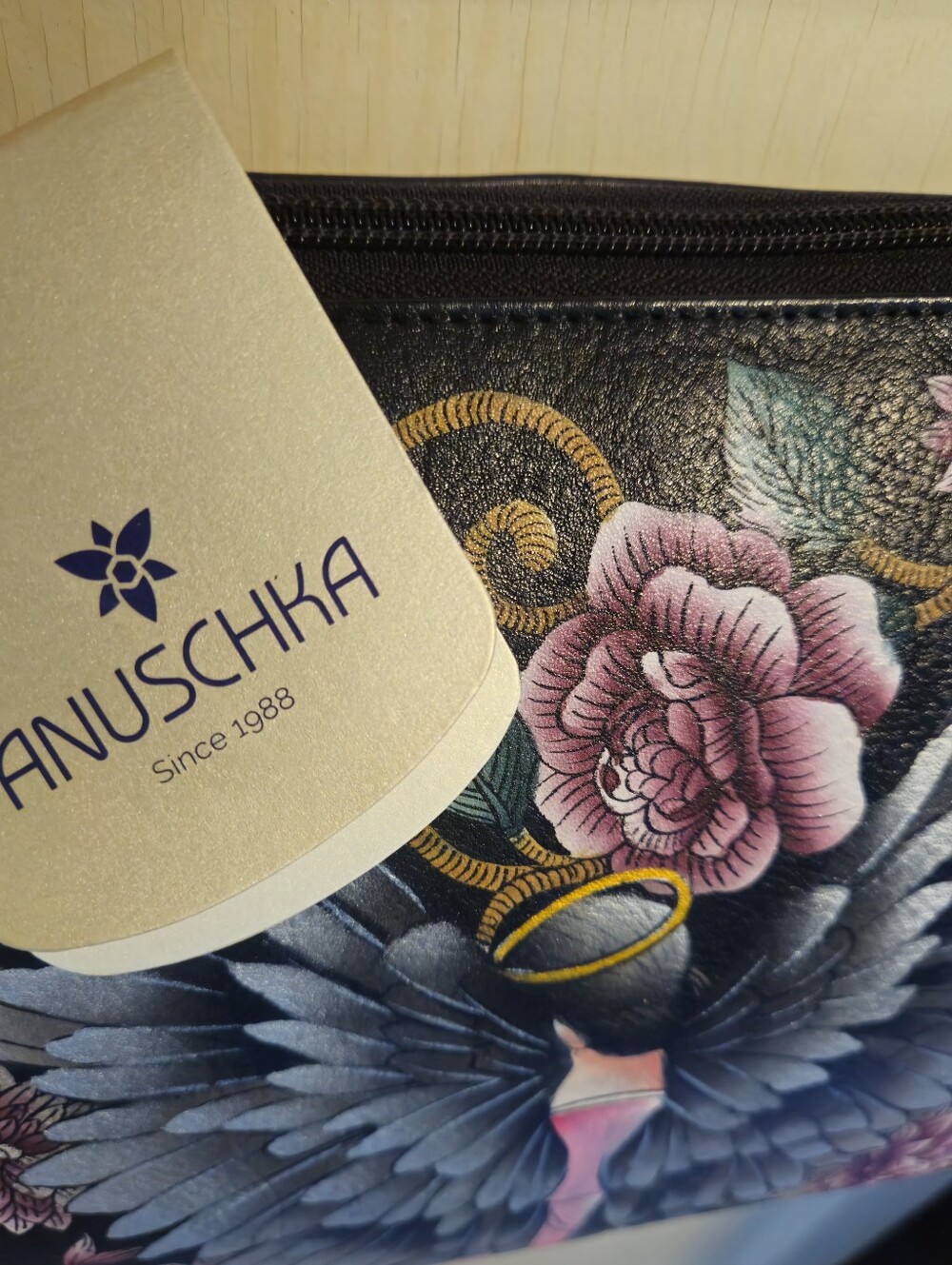 Anuschka Hand Painted Floral Guardian Angel Black and Pink Purse - Picture 10 of 14
